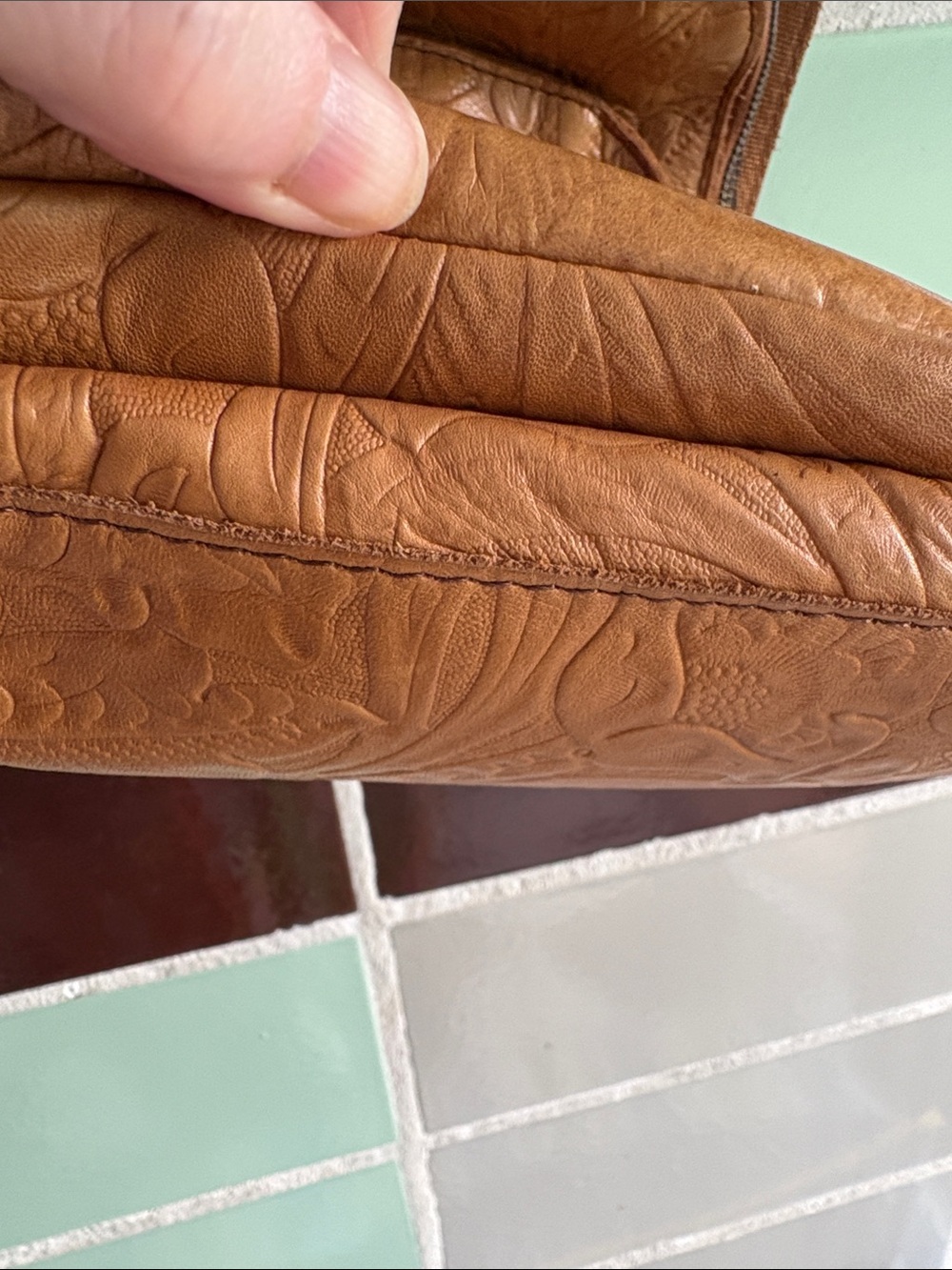 American Leather Tan Embossed Leather Backpack with Two Front Zip Pockets - Picture 5 of 15
